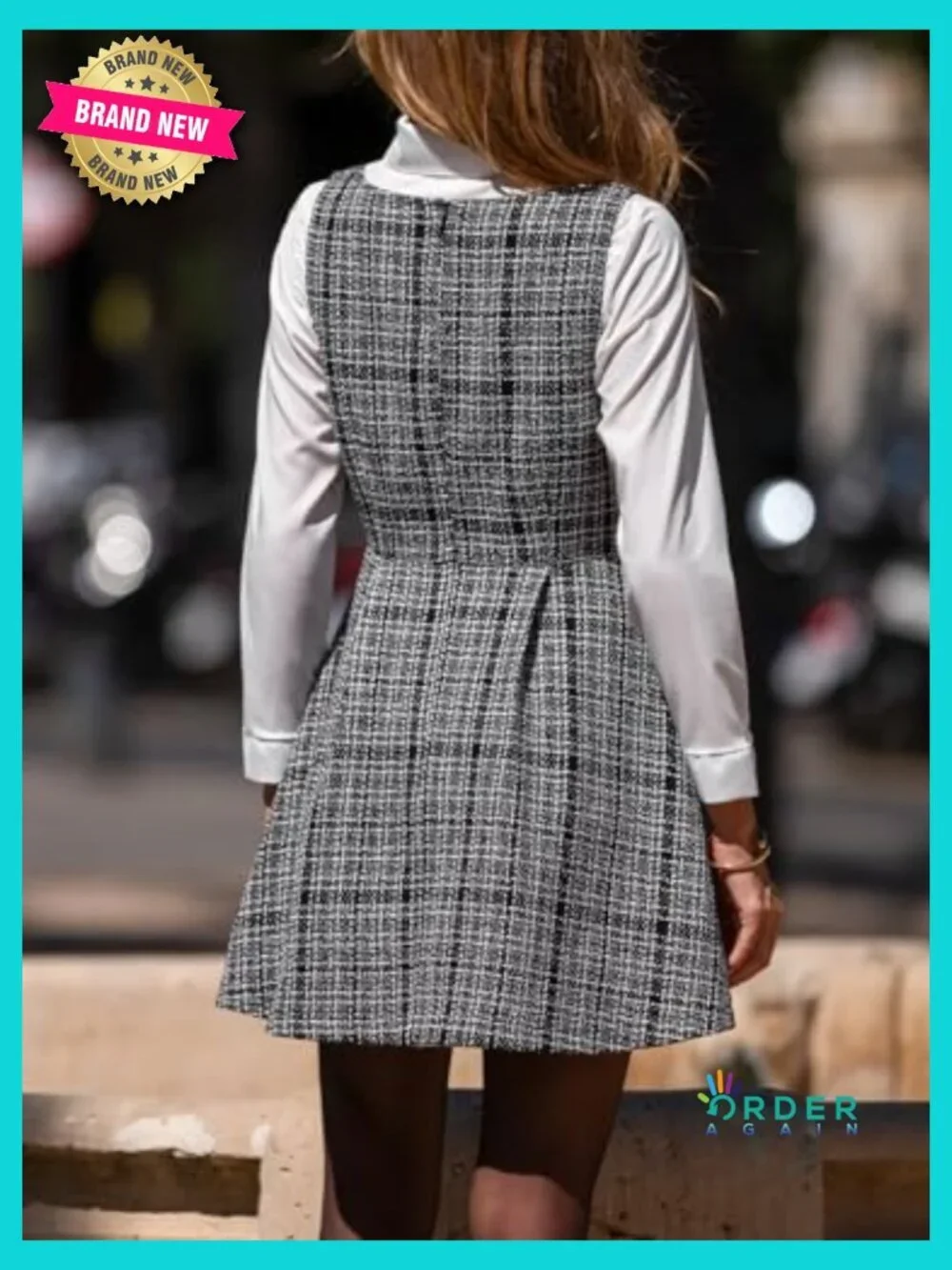 Mini Overall Dress Scoop Neck Plaid Sleeveless A Line Cute Fall Pinafore